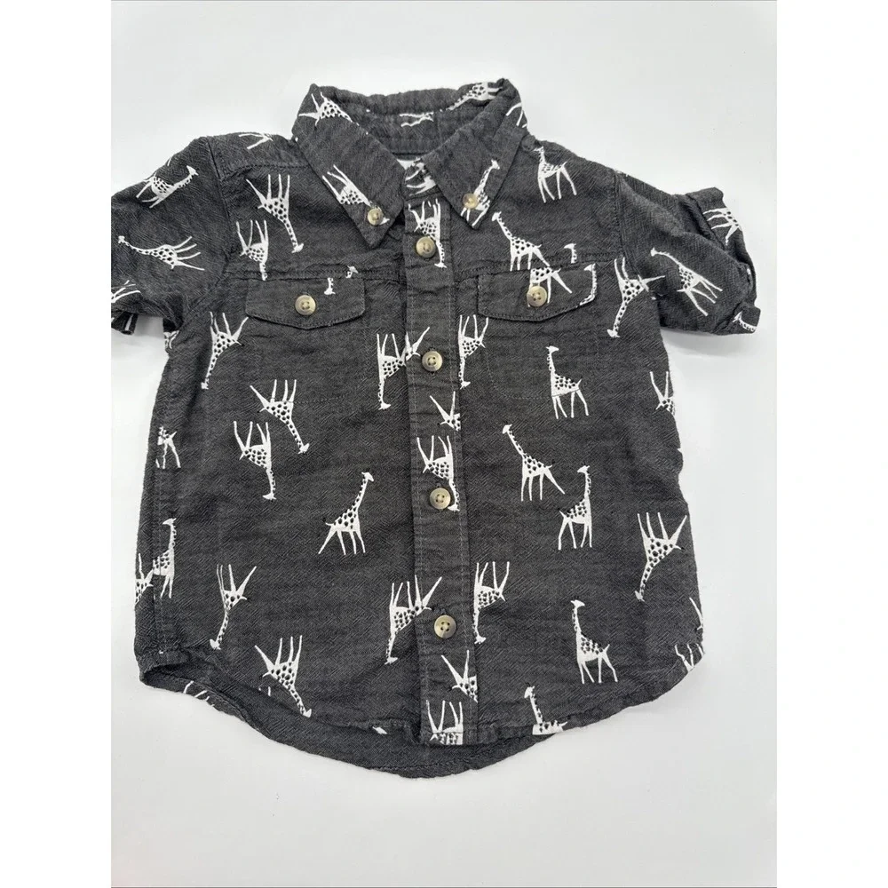 Old Navy 18-24 Months Gray‎ Giraffe Short Sleeve Button Down Shirt